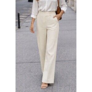 Y2K Cream White Wide Leg Dress Pants Waistband Wool Blend Lined Quiet Luxury